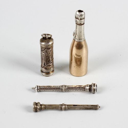 Four assorted propelling pencils. Comprising: a novelty champagne bottle stamped W. S. HICKS, 1.75,