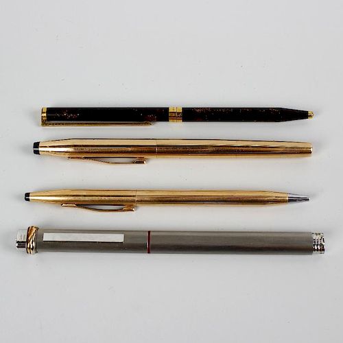 A selection of various pens, to include a Cartier brushed steel rollerball, a Dupont gold plated Laq