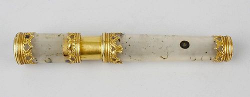 A Palais-Royal style moss-agate bodkin case, of cylindrical form having ogee pierced gilt mounts, 4.