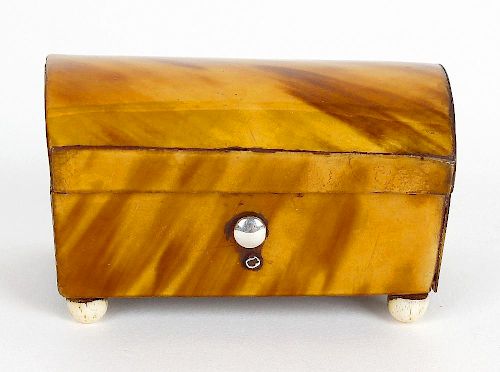 A small 19th century tortoiseshell trinket box. Modelled as a casket with hinged cover opening to re