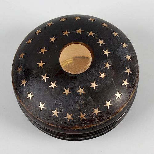 A 19th century tortoiseshell and yellow metal pique work patch/pill box with provenance, of circular