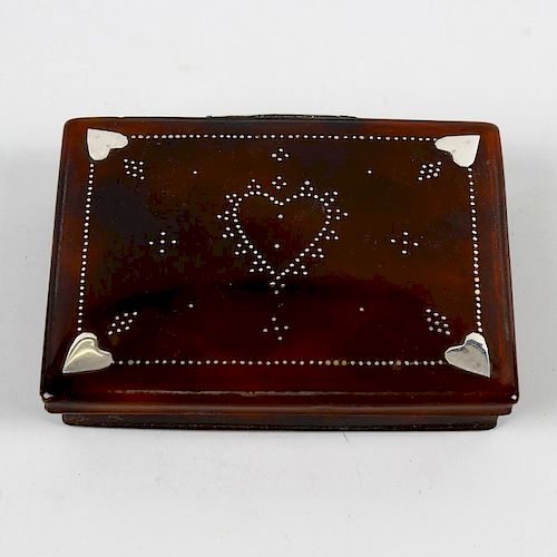 A tortoiseshell and piquework love token box. Of rectangular form with central dotted heart, with ad