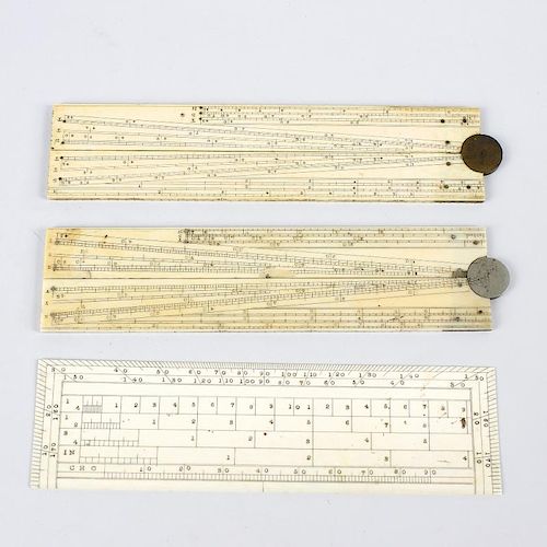 Three ivory rules. Comprising two folding examples, both 6, (15cm) (closed), and a plain rule, same