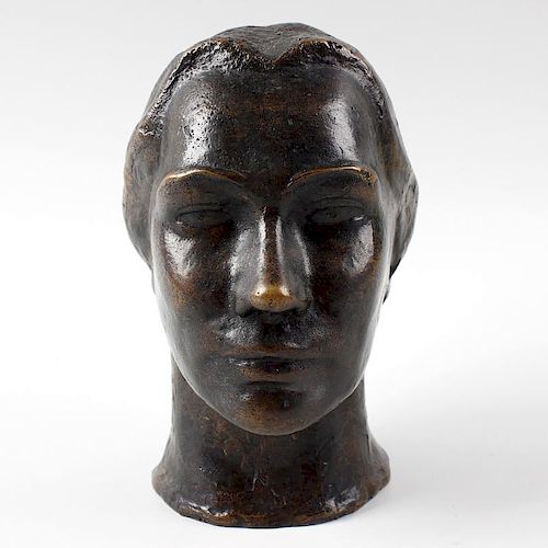 After Ernst Barlach (1870 - 1938)An early 20th century bronze bust of a lady, her parted hair tied i