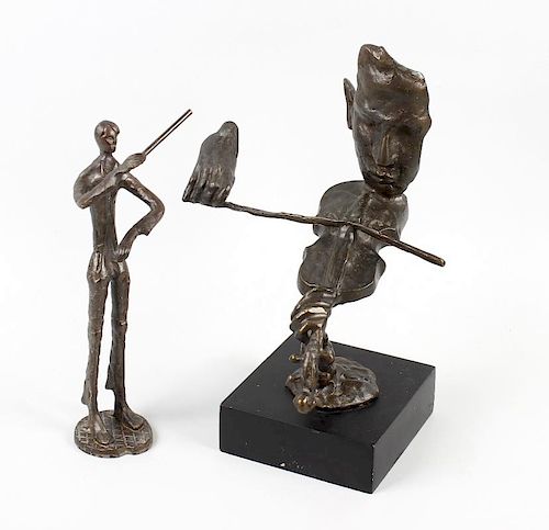 A modern cast bronze figure The Violinist, indistinctly signed, 10.5 (26.5cm) high, another bronze f