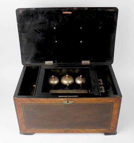 A late 19th century inlaid 'bells in sight' cylinder music box, the 6-inch barrel with complete comb