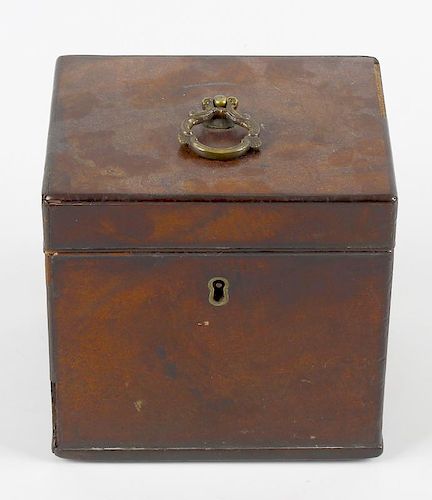 A George III mahogany tea caddy, of cuboid form, the hinged cover with scroll loop handle, 5 x 4 x 5