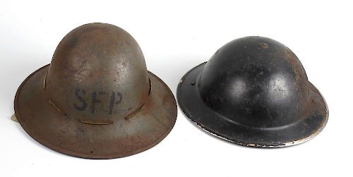 A small box of collectables. Comprising two World War II helmets, one a Warden's example, with white
