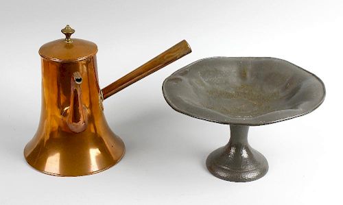 A box containing various copper and pewter items. To include a kettle, comport, etc. <br><br>Group l