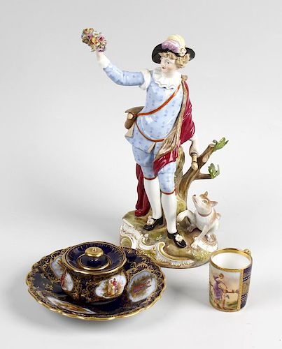 A box of ceramics. To include a Meissen/Dresden figure with dog, Vienna miniature cabinet mug, Dresd