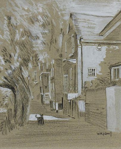 A box containing a framed and glazed charcoal sketch, with white watercolour wash, street scene with