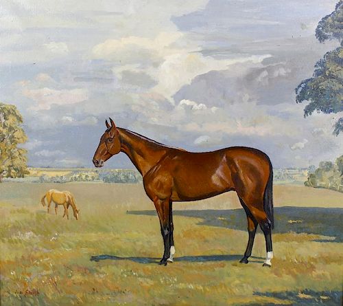 Three paintings of horses. Comprising: Joan Sleigh, a racehorse in a field, oil on canvas, 23.25 x 2