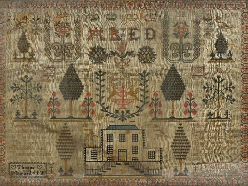 A Regency sampler, 'Rose Shenamon Mitchell Sewn This In 1816', worked in coloured silk threads with