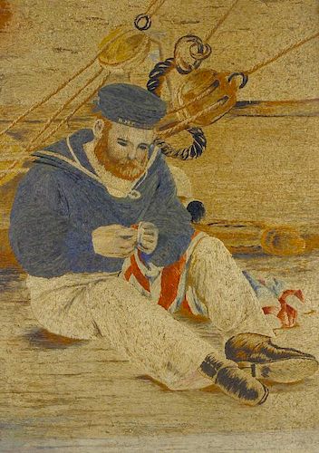 A Victorian needlework sampler. Depicting a sailor sewing a Union Jack flag upon a ship deck, 15 x 2