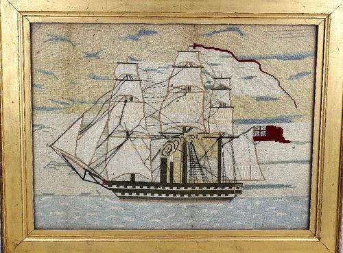 A Victorian woolwork sampler. Depicting a steamship rigger upon a calm sea, 23.5 x 17.5 (59.9 cm x 4