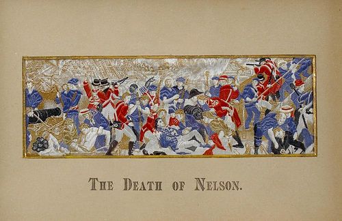 An oak framed and glazed StevengraphThe Death of Nelson (Battle of Trafalgar)Image 2.25 x 7 (5.5 cm