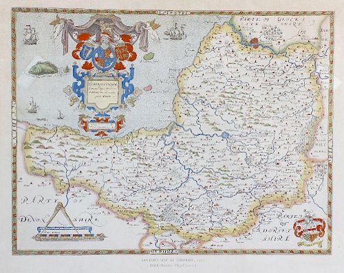 Two printed maps of Somerset, the first a printed 'Saxton's Map of Somerset, 1575, (British Museum.