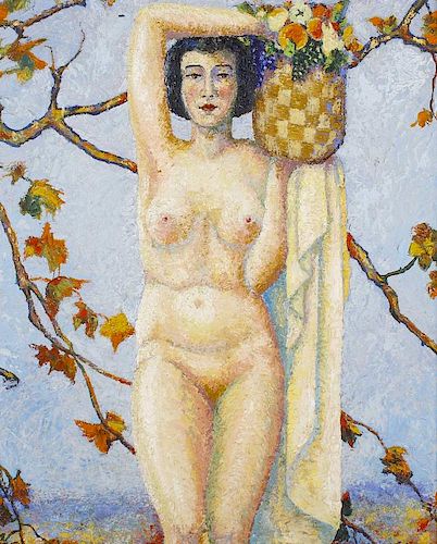 Cyril Saunders Spackman, (American, 1887-1963) 'Pomona' a female nude Modelled knee-length holding a
