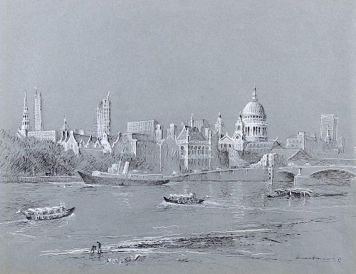 Hermione Hammond (mid 20th century) River Thames with St Paul's Cathedral in distance, Ink and body