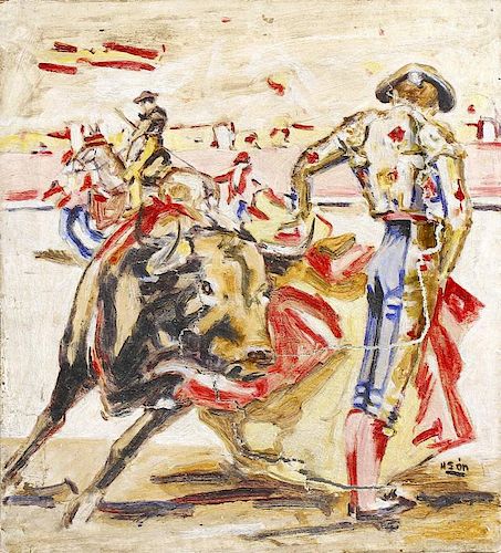 A pair of 20th century Spanish School oil paintings on canvas, depicting Bullfighters, signed to low