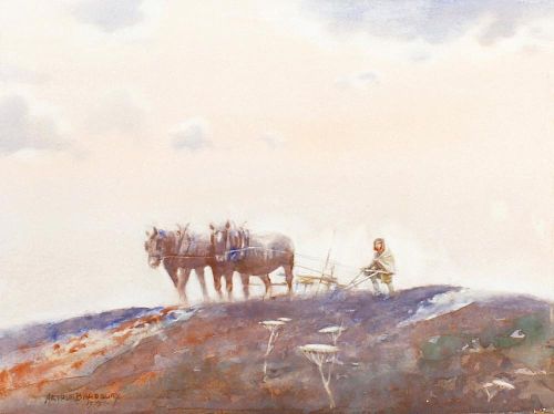 Arthur Bradbury (1853-1977) 'No.1 Ploughing in Purbeck' Watercolour Signed to lower left hand corner