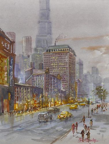 Michael Crawley (Modern) Winter Broadway, New York Watercolour Signed to lower right hand corner 10