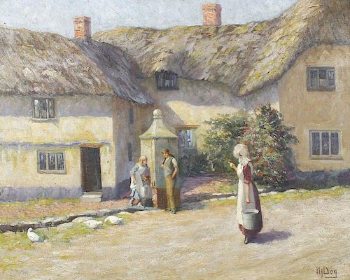 H J Day (early 20th century)Two's company three is none Shepherds Cottages Beer DevonOil on canvasSi