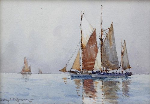 A group of assorted watercolours. To include boats on a calm sea, signed Samuel J. M. Brown, 4.5 x 6