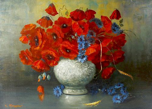 Nando Chiappa (Italian, 20th century)Still life with vase of poppies Oil on boardSigned lower left27