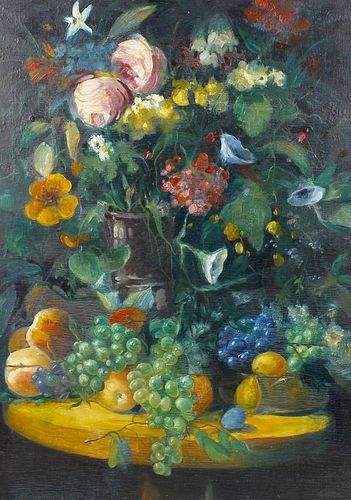 Russian School (20th century)Still life with fruit and vase of flowers on a table Oil on boardSigned