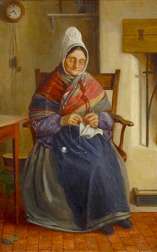 Scottish School, (late 19th century)Portrait of an old lady knitting Oil on canvas Monogrammed FJ or