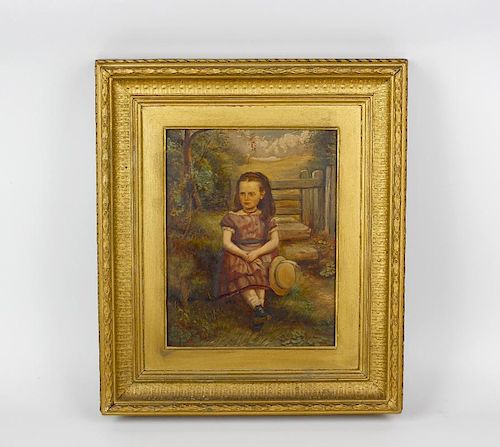 English School (Circa 1900)Portrait of a young girl seated before a stile in a landscape Oil on plyb