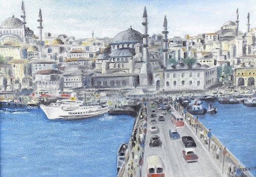 Turkish School, (20th century)View of Istanbul with Hagia Sophia from the river Oil on canvasSigned