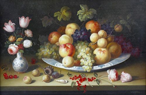 R. Casper (20th century)Still life with shells, a bowl of fruit, and vase of flowers on a table Oil
