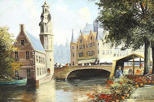 J. L. Dispo (Dutch, 1922-1973)An Amsterdam canal scene Oil on panelSigned lower right5 x 6.75 (12.5