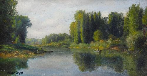 Attributed to Charles Etienne Corpet (French, 1831-1903)St. Maur', a river scene with figures boatin