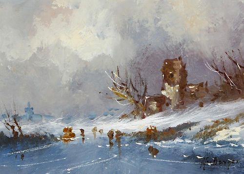 Harrij/Harry van Dongen (Dutch, 1909-?)A winter scene with figures on a frozen lakeOil on boardSigne
