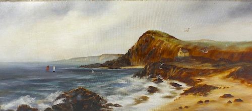 Oil on canvas (Modern) Coastal scene with distant Cliffside cottage Unsigned 30.5 x 12.5 (77.5 cm x