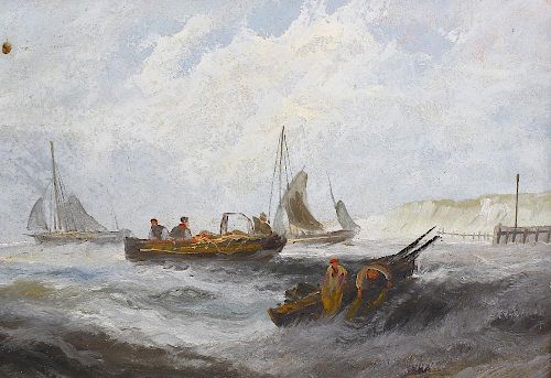 A 19th century oil on panel Harbour scene with small boats upon a choppy sea 14.5 x 10.5 (37 cm x 26