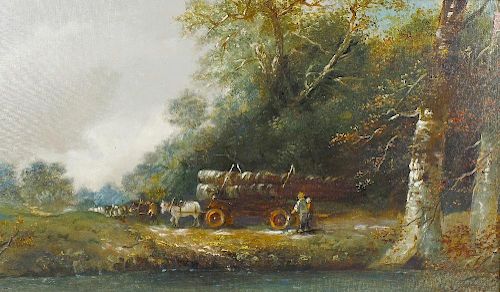 Oil on canvas Logging scene with river to the fore Indistinctly signed to lower right hand corner 29
