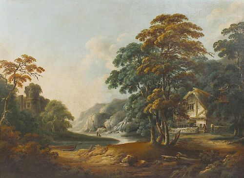 Circle of Alexander or Patrick Nasmyth (Scottish c.1800)A river landscape with anglers and figures b