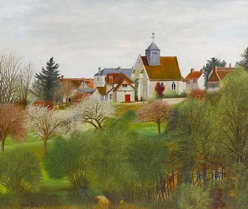 Jean Eve (French, 1900-1968) Woodland scene before small village Oil on canvas Signer lower left han