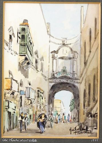 Maltese interest:Galea, (20th century)A pair of watercolours of Valletta, Malta'Old Theatre Street'