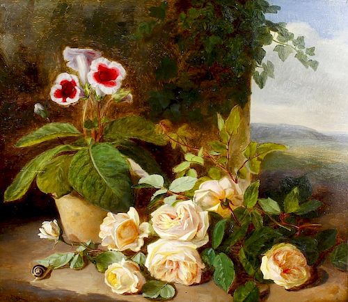 C. Robert (late 19th century)Still life with pink roses, potted plant and snail before a landscape O