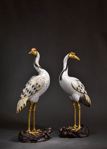 A Pair of Cloisonne Enamel Crane Statues