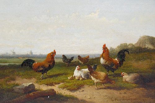 Cornelius Van Leemputten (Belgian, 1841-1902) Landscape with roosters, hens and chicks Oil on board