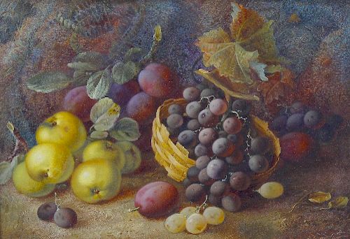 Vincent Clare (1855-1930)Still life scene with basket of grapes beside apples and plumsSigned to low