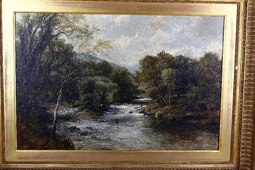 Frederick William Holme (1816-1884) River scene with single fishing figure to centre Oil on canvas S