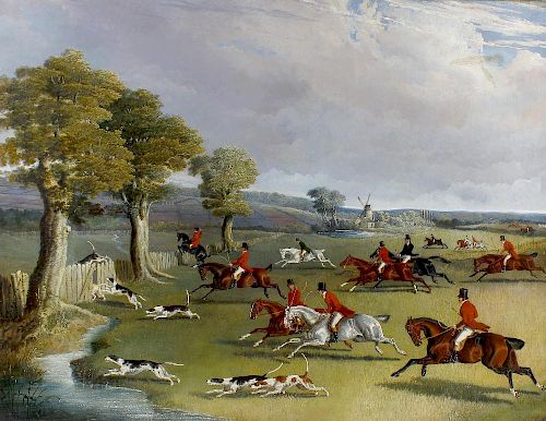 John Frederick Herring, Senior, (1795-1865) Full Cry; huntsmen and hounds in an open landscape appro