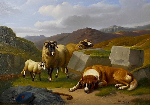 Adolphe Robert Jones (Belgian, 1806-1874) Mountain scene with sleeping dog and sheep beside a pile o